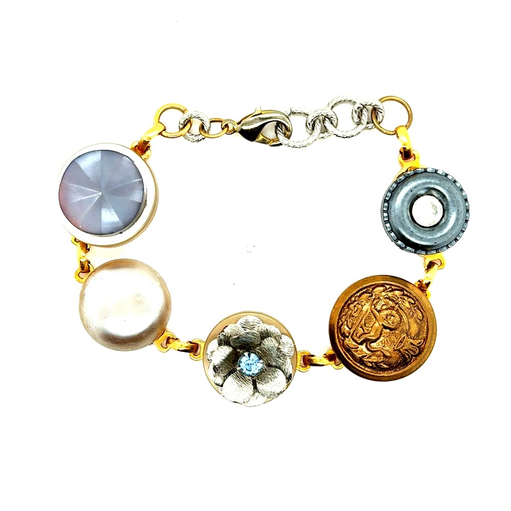 Vintage Style Mixed Metal Button Charm Bracelet Lion Floral Crystal 8 Inch